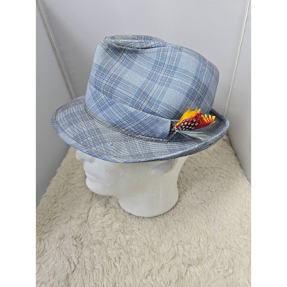 Vintage 60's Fedora Plaid Hat Size 6 7/8 Blue White w/ Feather Trilby Boho Dress
